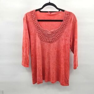Glima Coral Cotton 3/4 Sleeve Top with Crochet Detail Size‎ XL